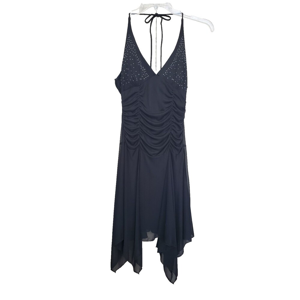Taboo Vintage Halter Neck Studded Ruched Asymmetric Hem Backless Midi Dress LGE